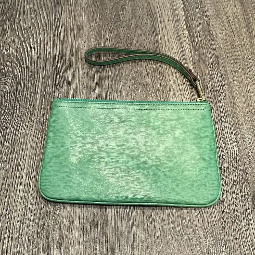 Lauren Ralph‎ Lauren Green Textured Leather Wristlet Gold Hardware Pouch Bag